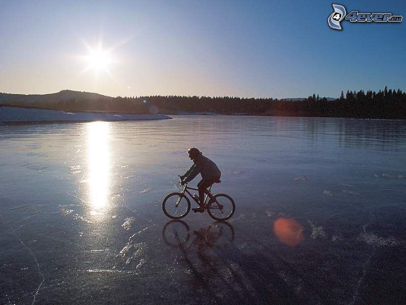 ciclista, hielo, bicicleta, invierno
