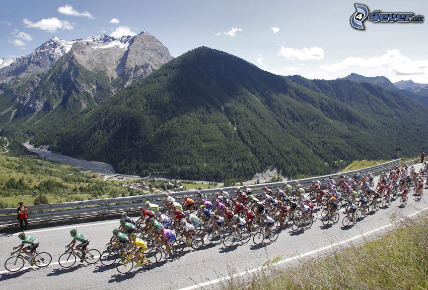 Tour De France, ciclistas, colina, montañas, vista, camino