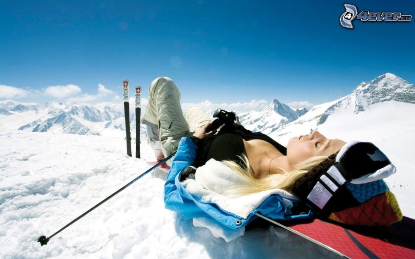 descanso, esquí, deportista, montañas, tomar sol