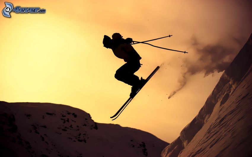 esquí, salto con esquís, después de la puesta del sol, nieve