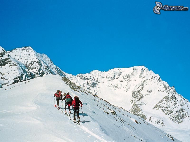esquiadores, skialpinismo, Alpes italianos, montañas, nieve