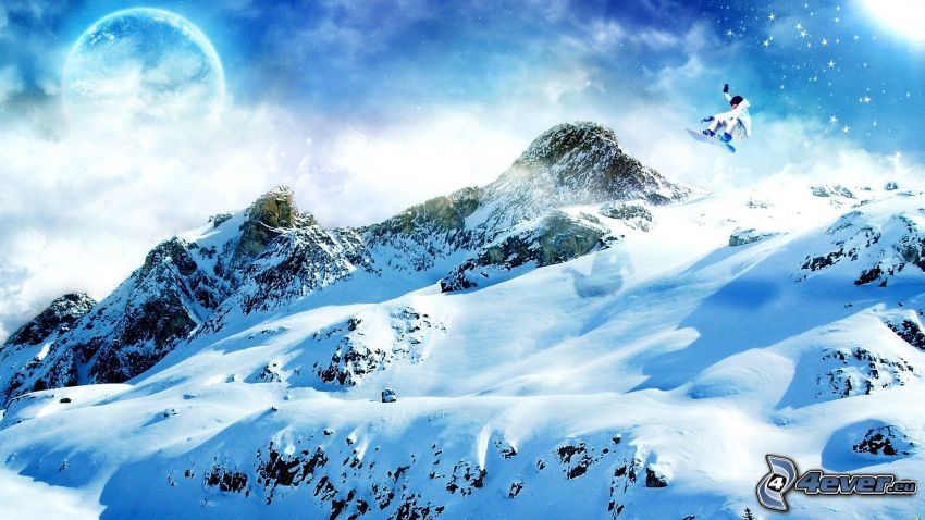 salto en tabla de snowboard, adrenaline, paisaje de invierno, montañas, nieve