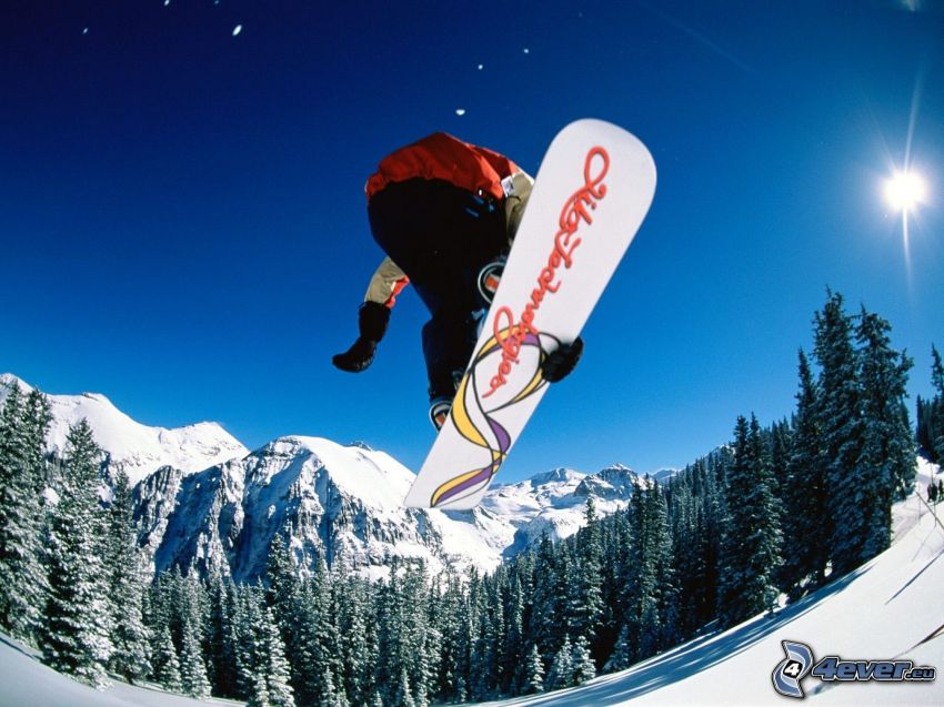 salto en tabla de snowboard, bosque, montañas