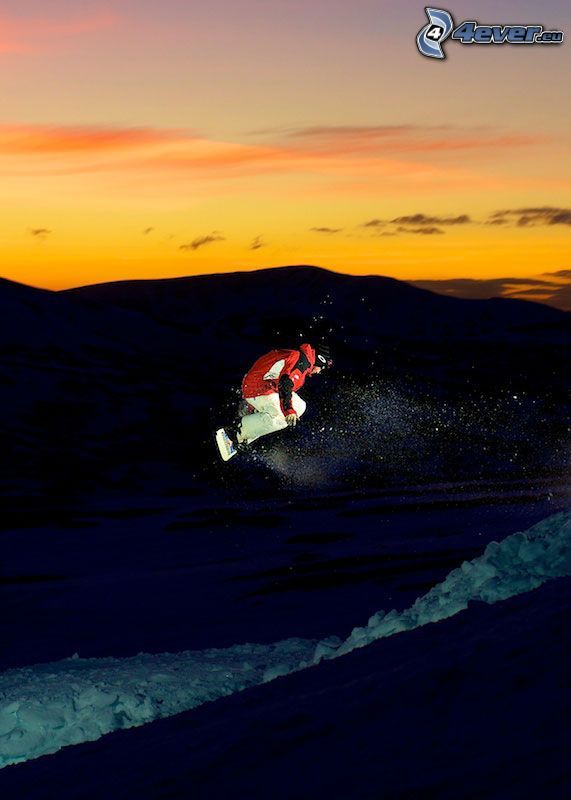 snowboarding, salto, cielo de la tarde