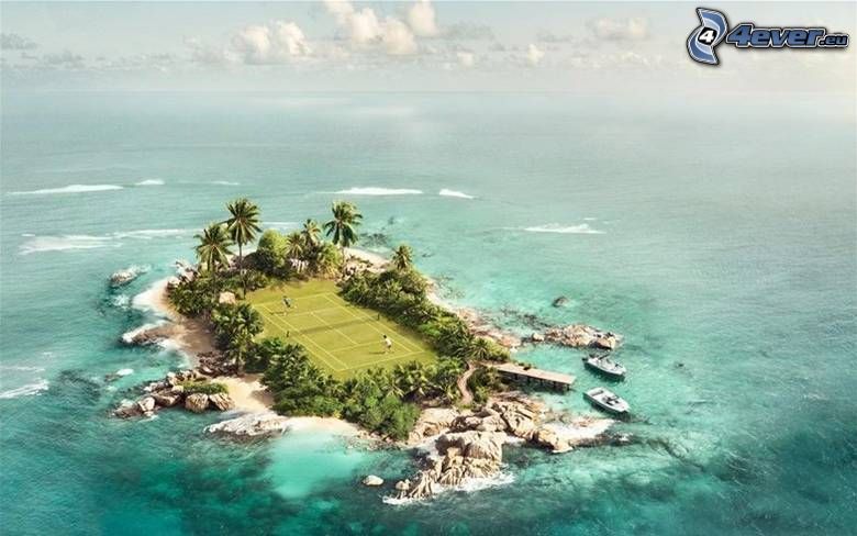 isla, pistas de tenis, océano, mar, palmera