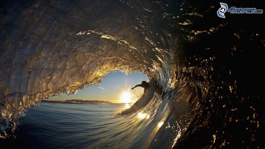 surf, ola, puesta del sol