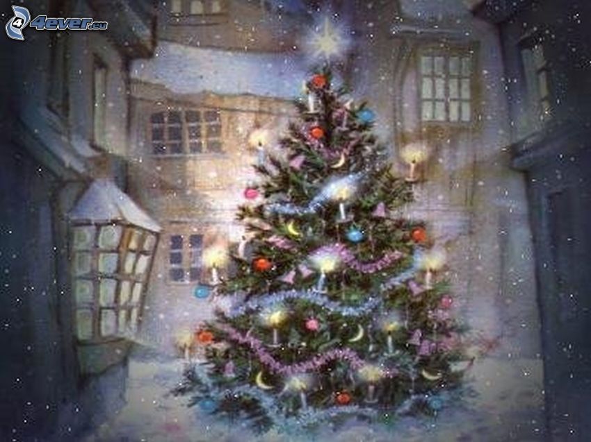 árbol de Navidad, nieve, invierno, Thomas Kinkade
