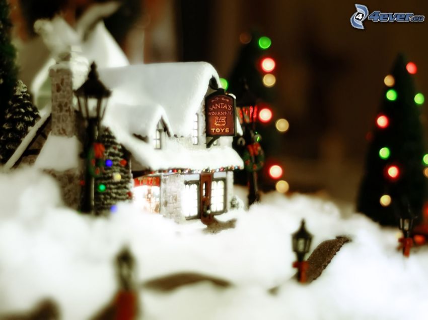 casa, nieve, árbol de Navidad
