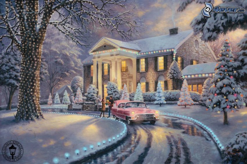 casa cubierta de nieve, invierno, camino, Thomas Kinkade