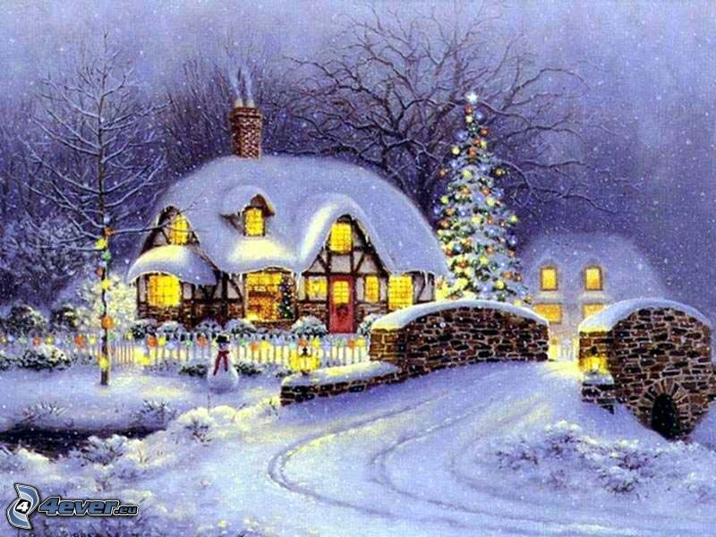 casa cubierta de nieve, navidad, puente de piedra, historia, dibujo, Thomas Kinkade