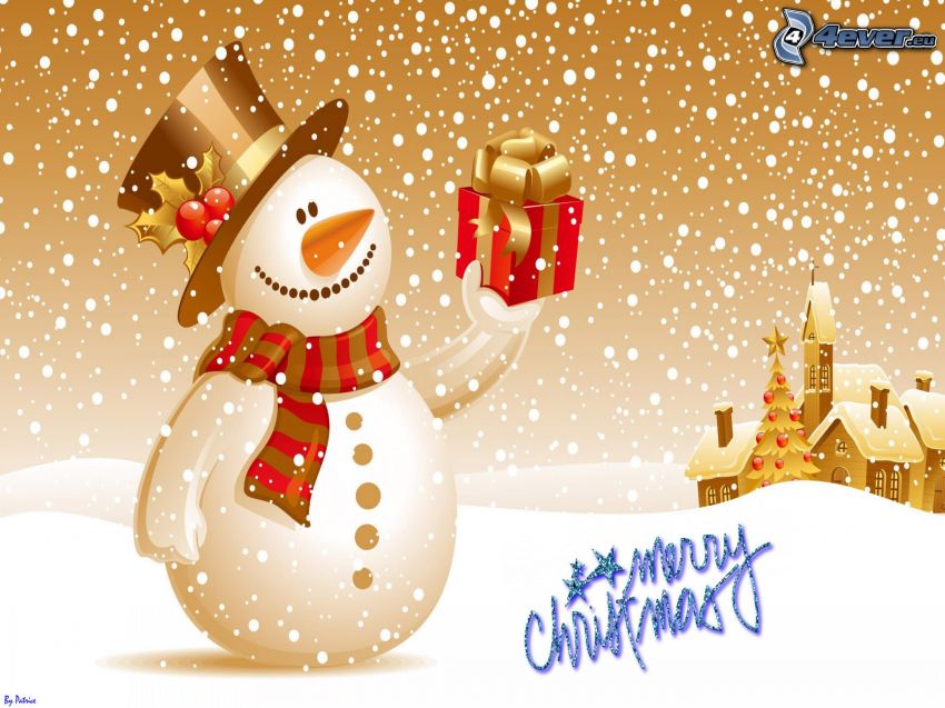 Merry Christmas, muñeco de nieve, regalo, casas, árbol de Navidad, dibujos animados