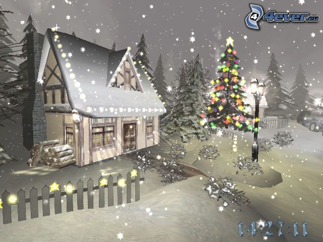 navidad, luces, casa de campo, nieve