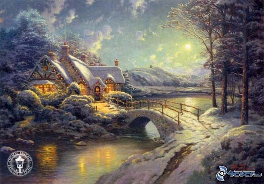 paisaje nevado, casa cubierta de nieve, puente de piedra, río, dibujos animados, Thomas Kinkade