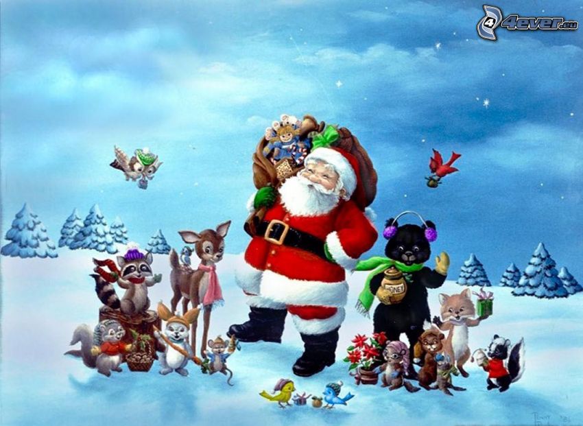 Papá Noel, animales, invierno, cielo