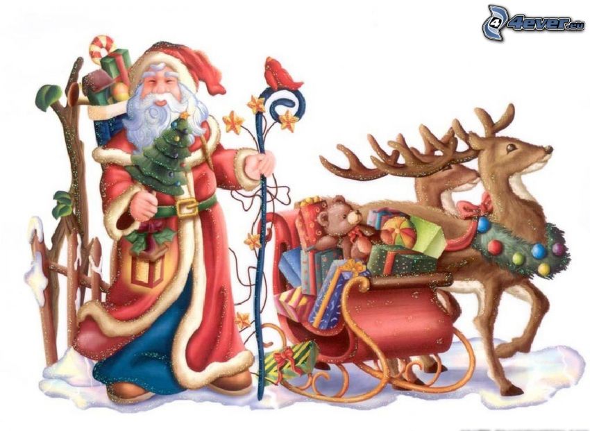 Papá Noel, trineo, renos, regalos