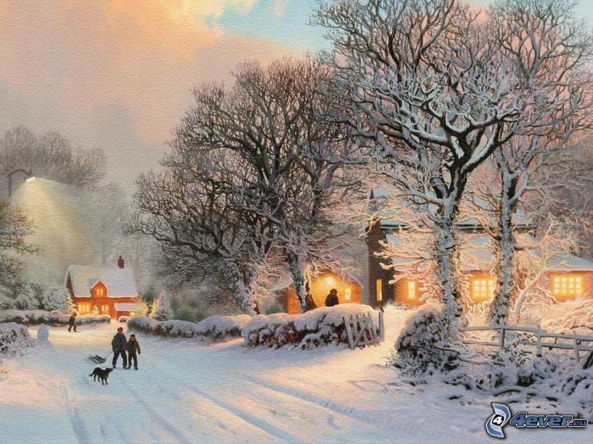 pueblo nevado, camino cubierto de nieve, nieve, personas, árboles nevados, dibujos animados, Thomas Kinkade