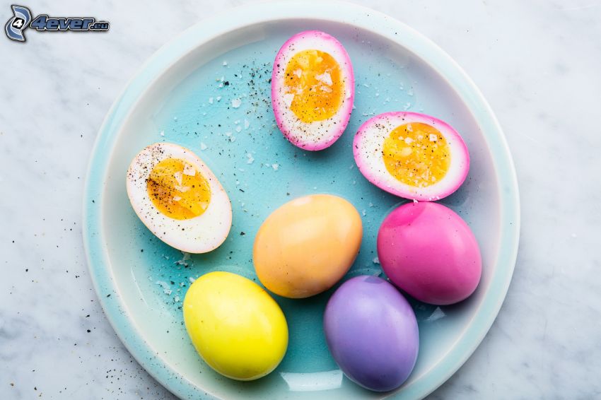 huevos de pascua, plato, colores