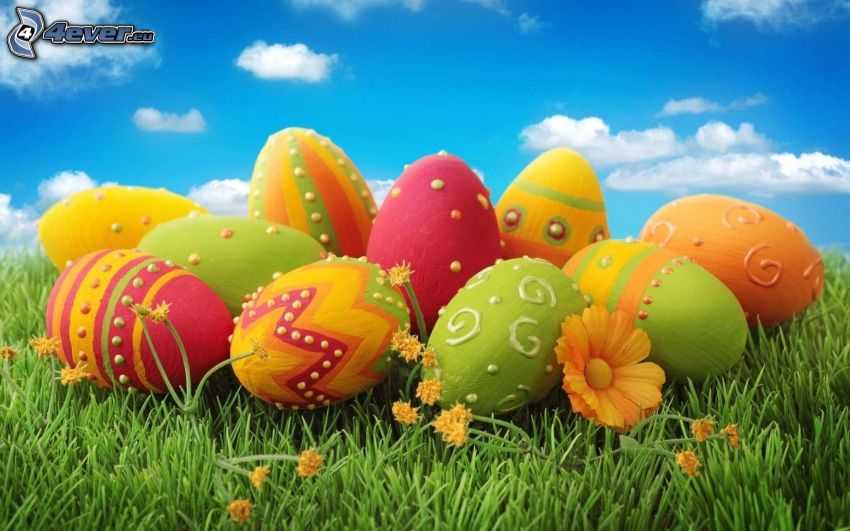 huevos pintados, huevo de Pascua, hierba
