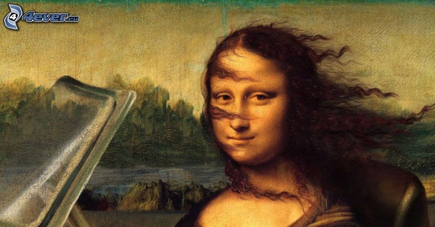 Mona Lisa, parodia, cabello volando, descapotable
