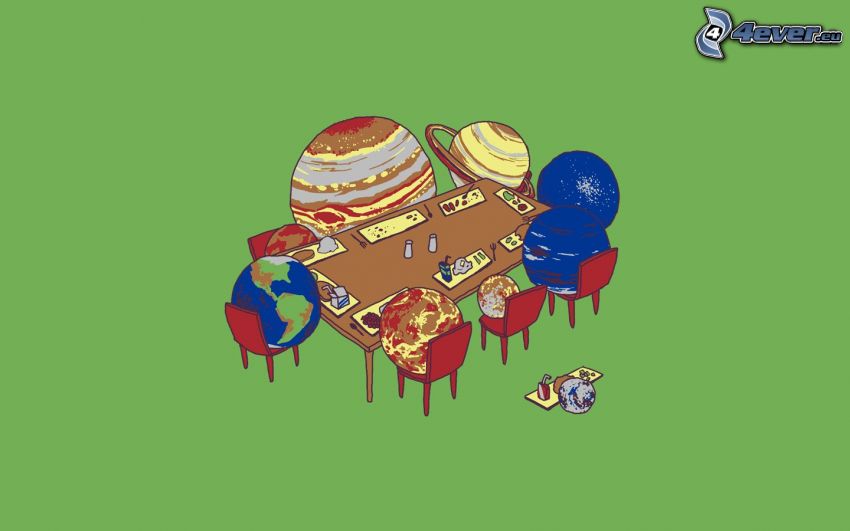 planetas, mesa, comida
