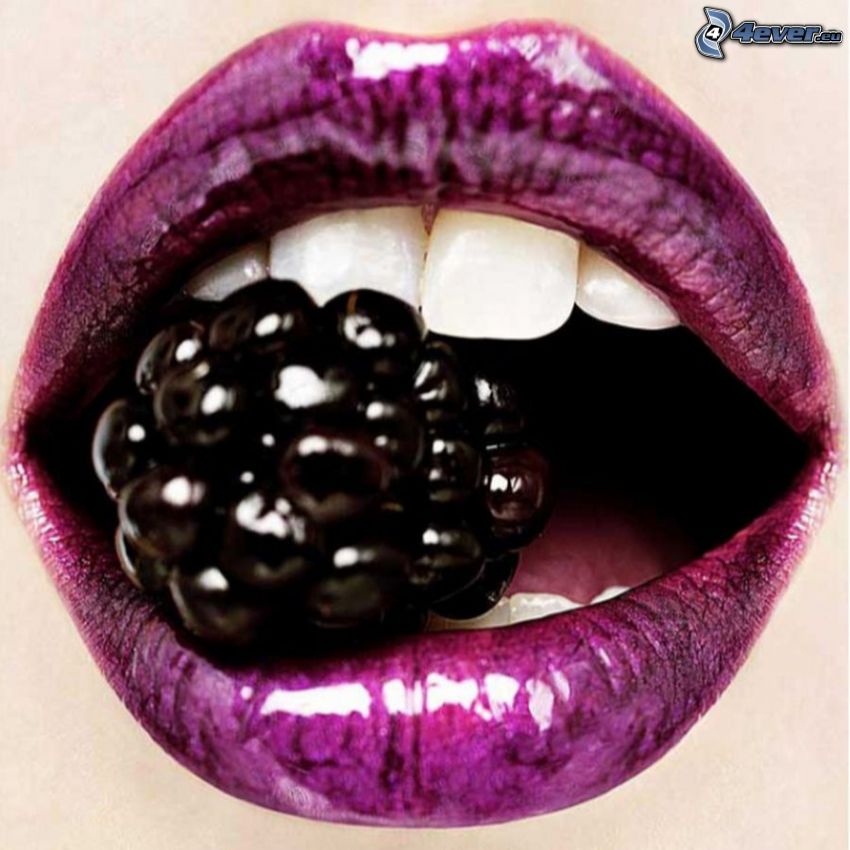 labios púrpura, mora, boca, dientes