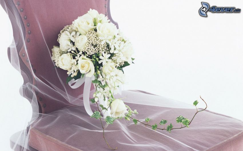 ramo de la boda, rosas blancas, silla
