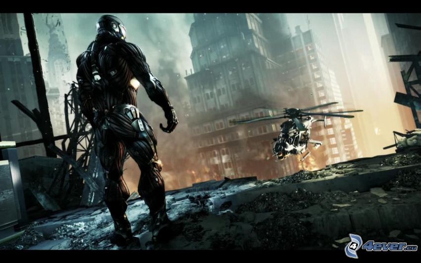 Crysis 2, helicóptero militar, ciudad post-apocalíptica