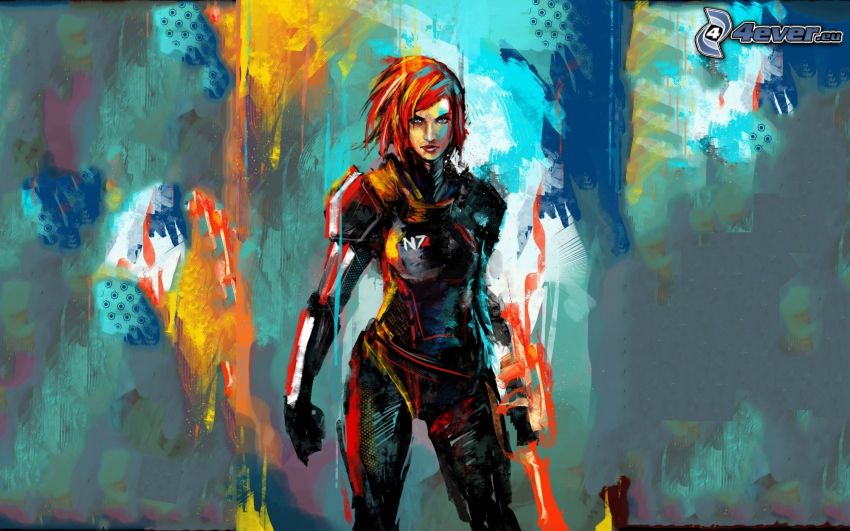 Mass Effect 2, caricatura de mujer, guerrera