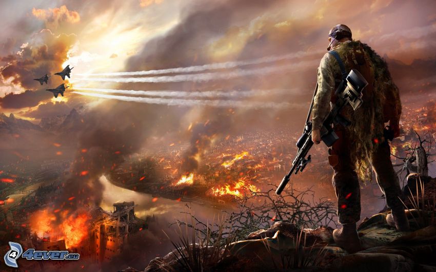 Sniper: Ghost Warrior 2, soldado con una pistola, aviones de caza, ciudad post-apocalíptica, fuego