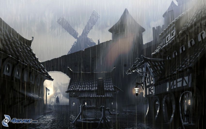 The Elder Scrolls Skyrim, Edad Media, ciudad de noche, lluvia
