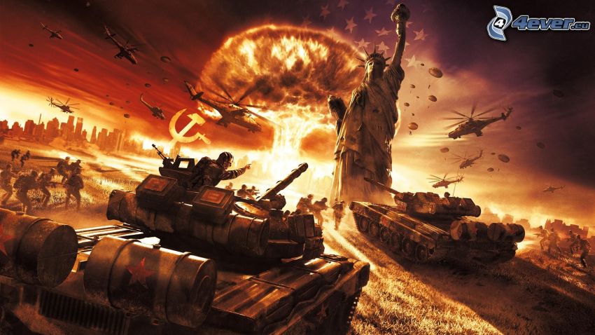 World in Conflict, tanques, Estatua de la Libertad, explosión, helicópteros militares, soldados