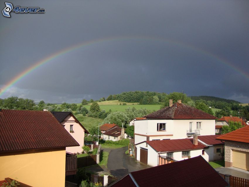 arco iris, pueblo, cielo, colina