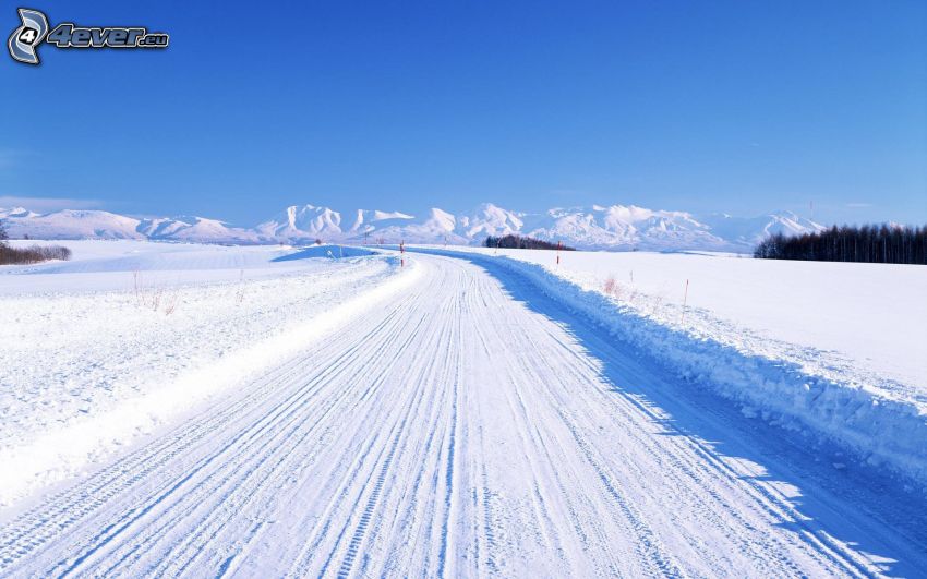 carretera de invierno, prado, montaña nevada