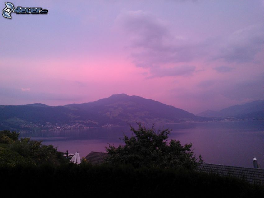 lago, colina, después de la puesta del sol