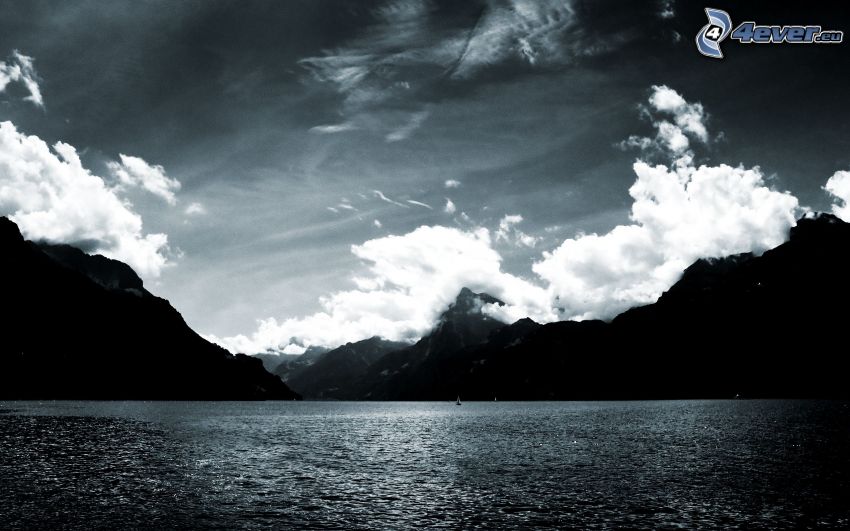 lago, montañas, blanco y negro