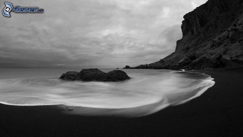 costa, rocas, mar, blanco y negro