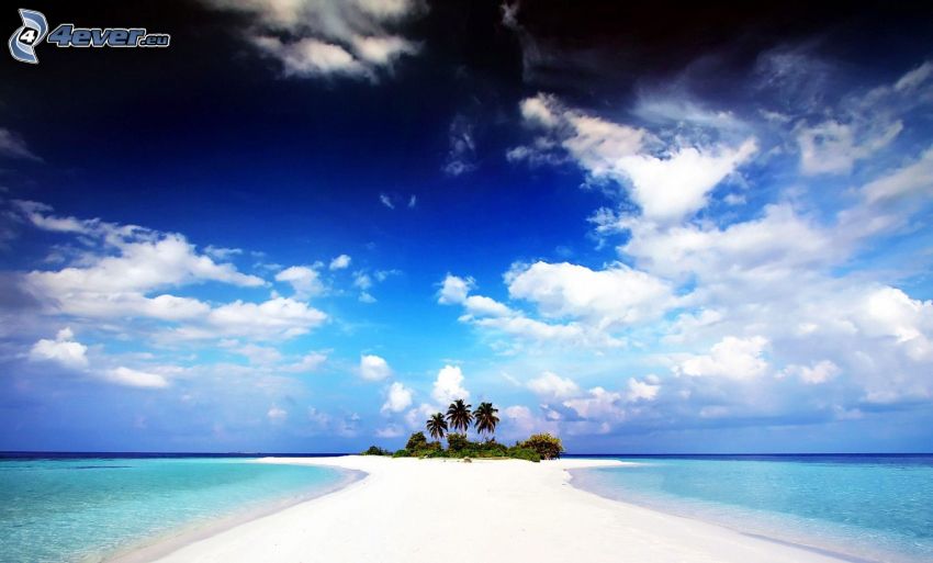 península, el mar azul, palmera, nubes