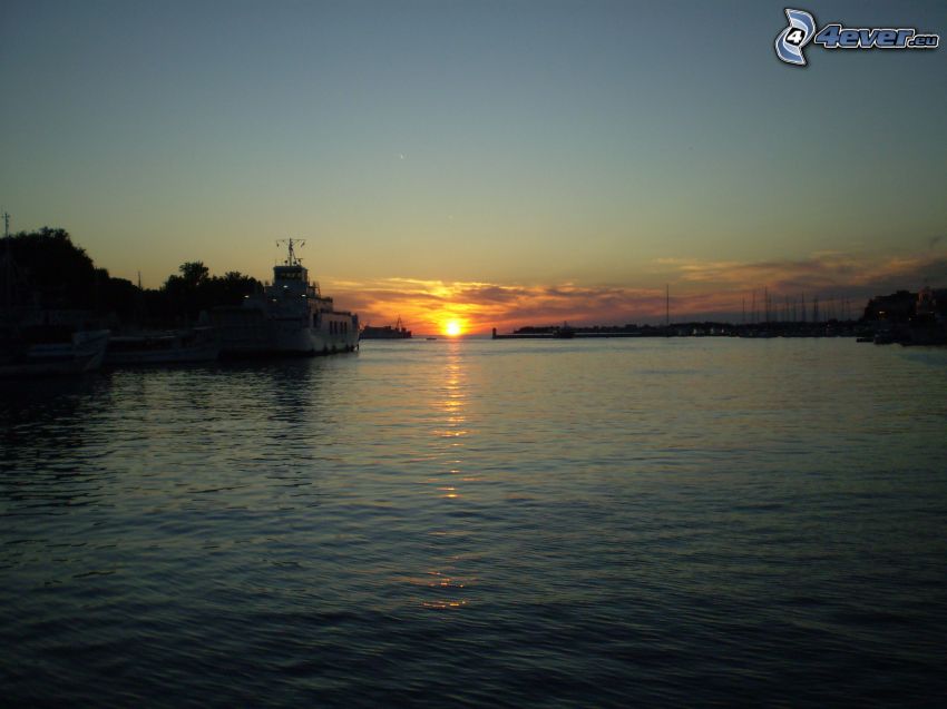 puesta de sol en el mar, Zadar, mar, puerto