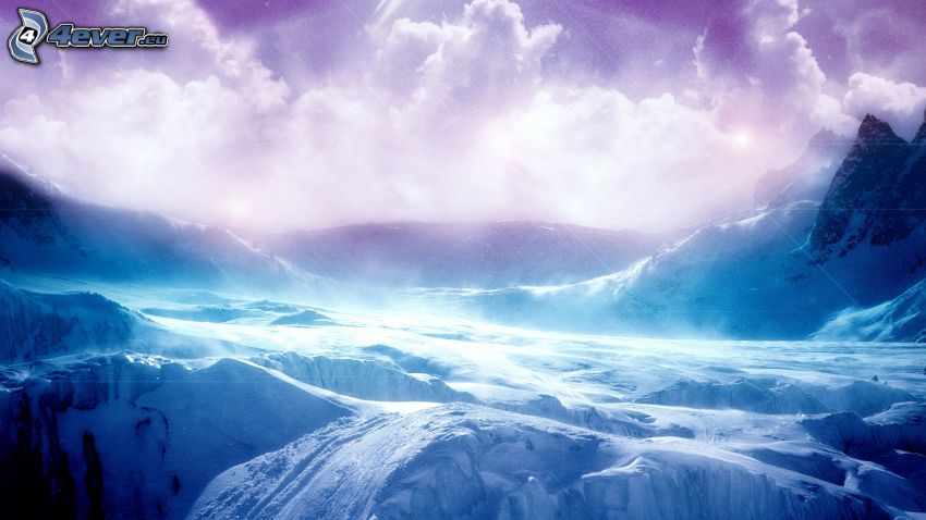 montaña nevada, nieve, cielo púrpura