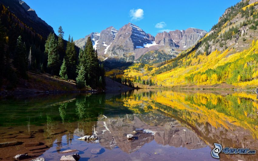 Aspen, Colorado, lago, bosque, árboles amarillos, montañas, otoño