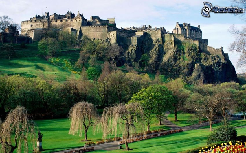 Castillo de Edimburgo, jardín, parque, árboles, castillo, roca