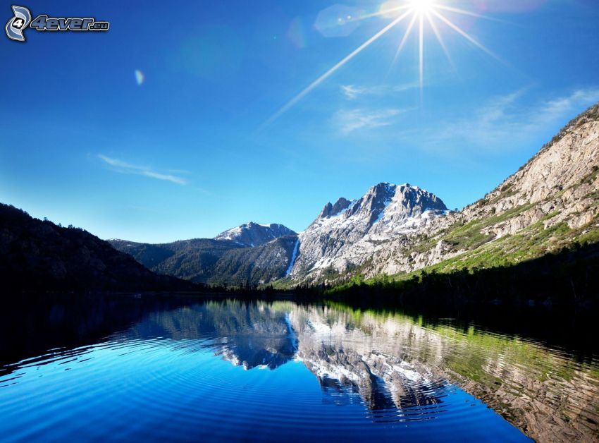 lago, montañas rocosas, reflejo, sol