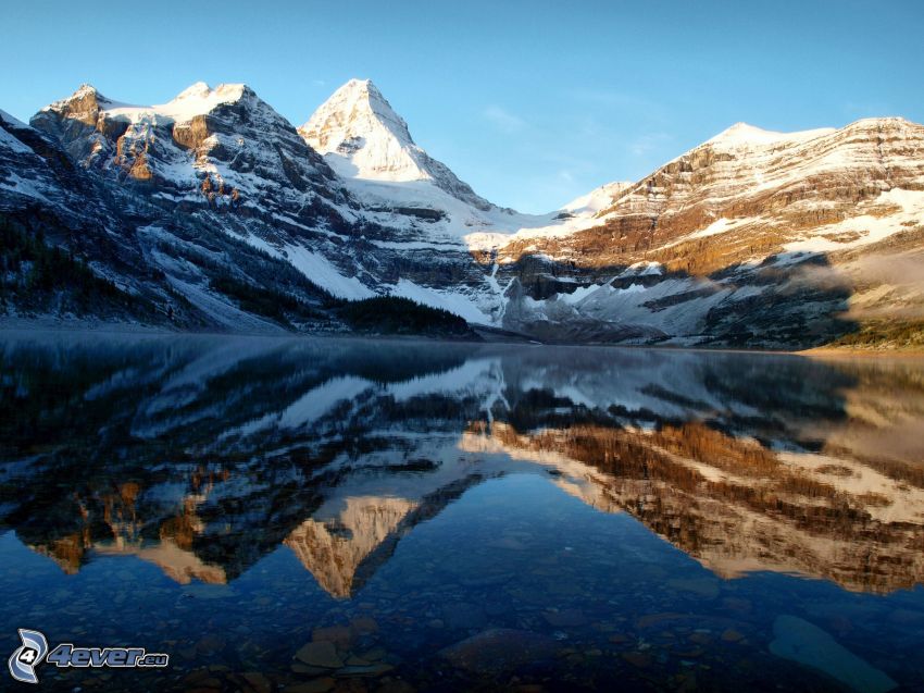 montañas nevadas, lago, reflejo