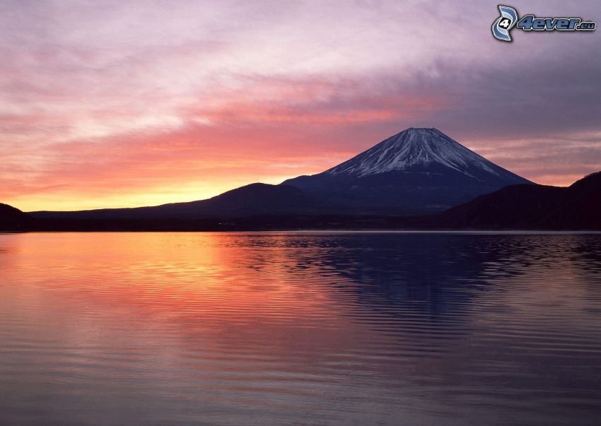 monte Fuji, Japón, lago, después de la puesta del sol