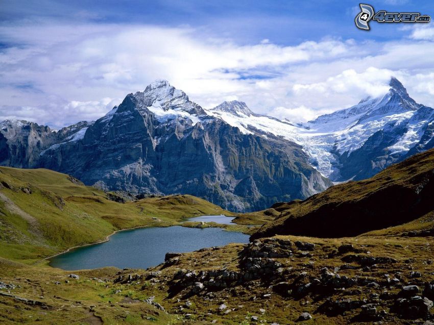 Mount Bachsee, Suiza, colina, rocas, lagos, lago de montaña, nubes