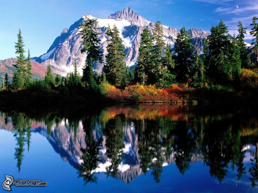 Mount Baker, Snoqualmie National Forest, Lago en el bosque, árboles coníferos, otoño, reflejo, montañas