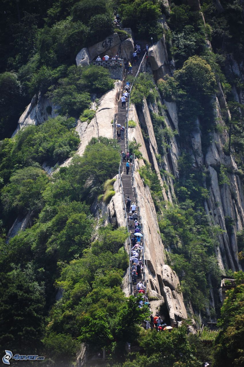Mount Huang, montaña rocosa, escalera, turistas