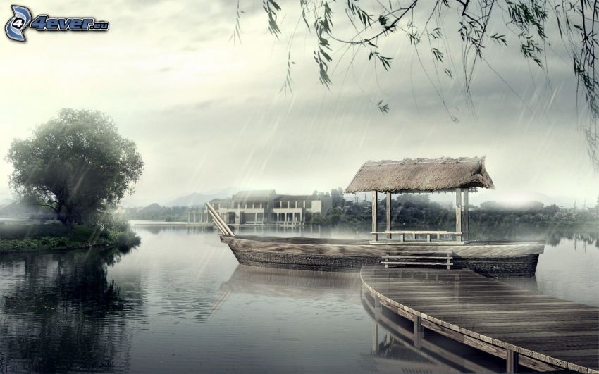 muelle de madera, lago, lluvia