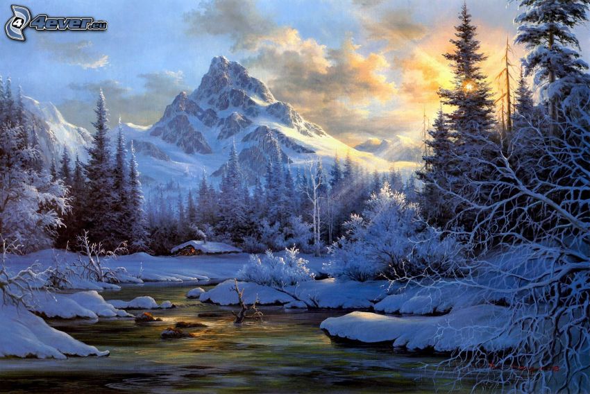 paisaje nevado, rayos de sol, río en invierno, montaña rocosa, árboles nevados