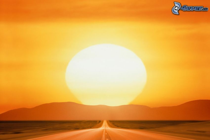 camino recto, puesta de sol anaranjada